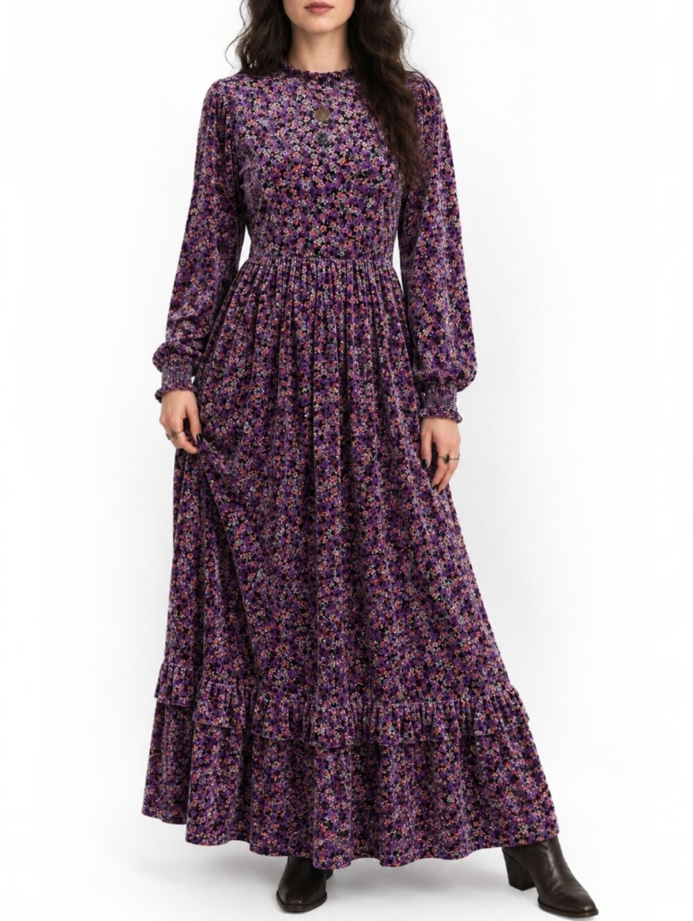 Vintage Purple Velvet Floral Maxi Dress Ruffle Mock Neck Ren Fair Whimsigoth M